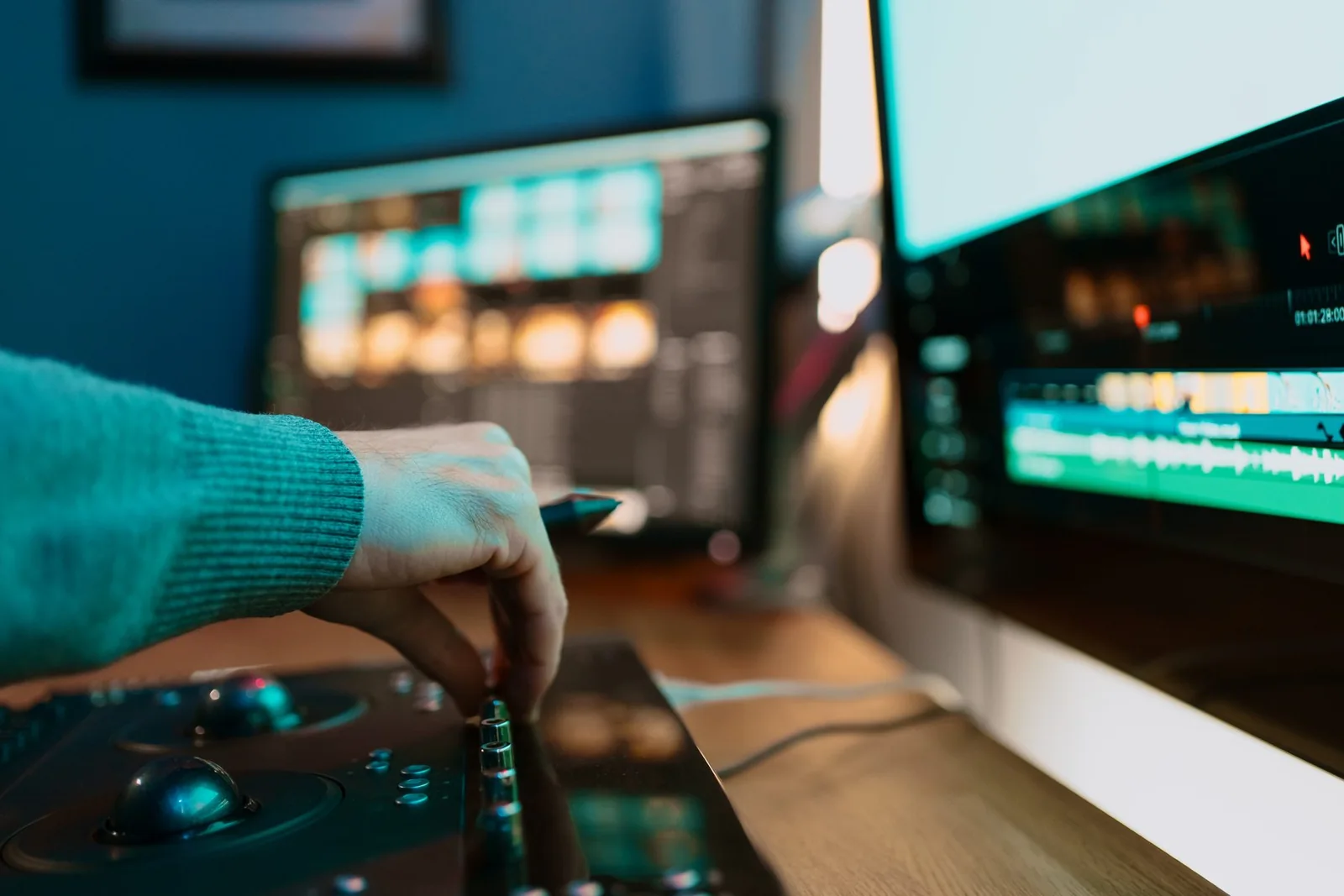 Editing workstation with audio controls and video monitors