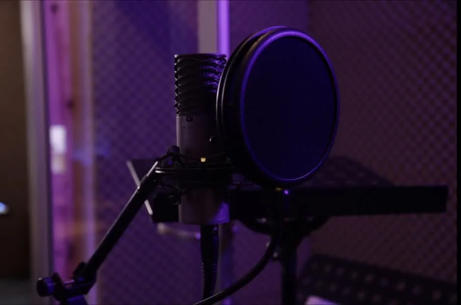 Studio microphone and pop filter in a recording booth